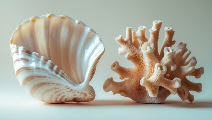 Fototapeta premium Beige soft marine banner featuring white coral and a beautiful shell with stylish artistic hard shadows. Mockup for natural cosmetics product, emphasizing new naturalism, with copy space, front view.