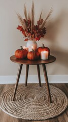 Autumn decor with pumpkins and candles on a wooden table