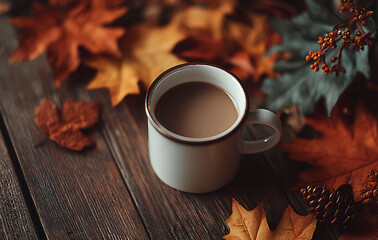 Warm Coffee in White Mug Surrounded by Autumn Leaves on Dark Wooden Table