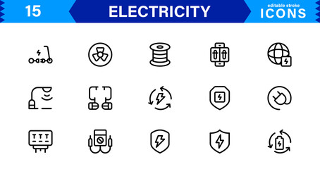 Electricity Icon Collection with Power, Energy, Electrical Equipment, Circuit, and Renewable Energy Symbols in a Simple, Marketable Design