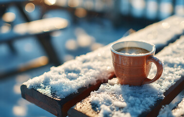 Warm Coffee Mug on Snowy Wooden Bench in Winter Sunlight