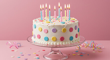 Festive birthday cake with candles and cupcake. Pastel polka dot birthday cake with candles