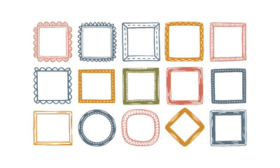 Vector illustration featuring a diverse collection of hand-drawn whimsical frames in various shapes, rectangles, squares, ovals, circles, and scalloped edges, easily editable and scalable.
