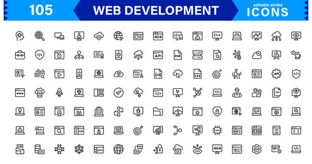 Modern Web Development Icon Set Featuring Coding, Websites, Programming, Design, and Development Concepts in a Professional, Clean Vector Style