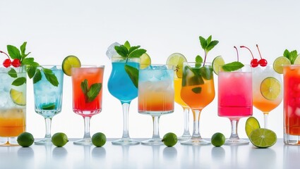 Drinks of traditional cocktails in glasses on a white background