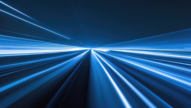 Blur neon glow with futuristic light flare and sci-fi radiance, featuring defocused ultraviolet navy blue color lines reflecting motion against a dark black trendy abstract empty space background.