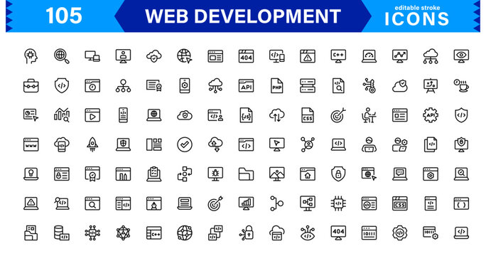 Modern Web Development Icon Set Featuring Coding, Websites, Programming, Design, and Development Concepts in a Professional, Clean Vector Style