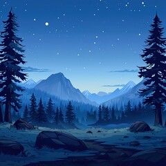 Fantasy cartoon forest with moonlit mountains and sparkling night sky