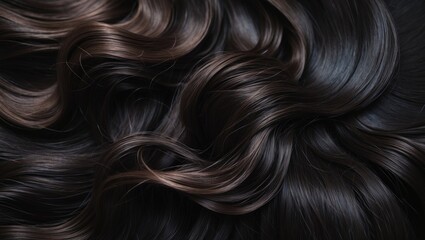 Fototapeta premium Female long dark hair with beautifully styled curls. Closeup texture in a dark key, featuring hairdressing, hair care, and coloring. Shading gray hair against a background with copy space.