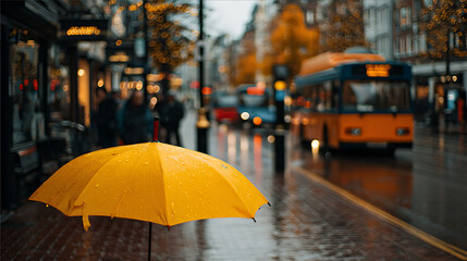 Yellow Umbrella on a Rainy City Street at Dusk
