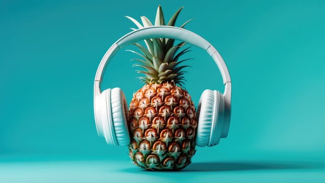 Creative funny pineapple face wearing sunglasses headphones, floating while listening to music on a vibrant blue summer background with ample space for copying.