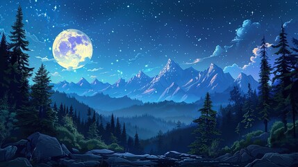 Whimsical animated mountain landscape with trees in a calm night setting