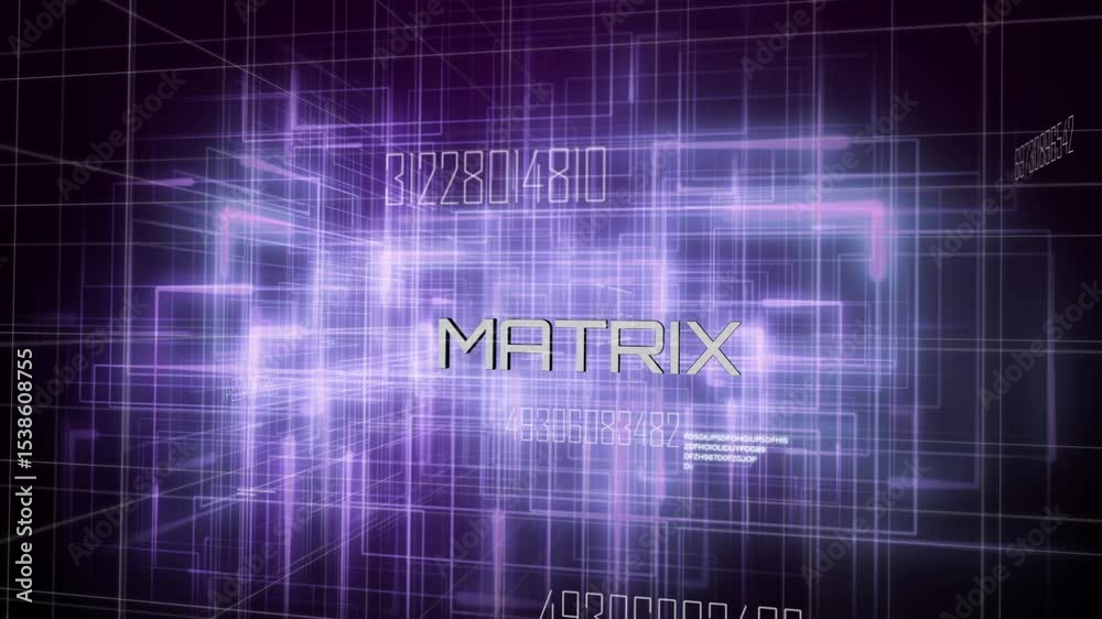 Poster starting purple beams forming luminous wireframe cuboid in void with matrix text and code fragments