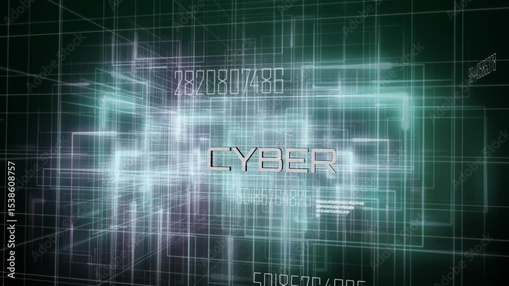 Poster materializing wireframe cuboid framing cyber text in cyberspace, pulsing magenta lines and codes