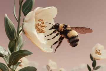 Bee pollinating white flower in serene garden setting at sunset