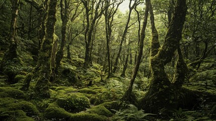 Dense forest floor covered in lush greenery and moss.