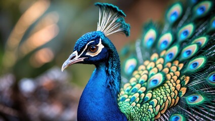 Obraz premium Portrait of beautiful peacock with close tail, showcasing the beautiful peacock head and male peacock in vibrant metallic colors; Indian or blue peafowl with copy space.