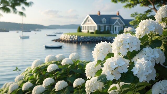 A vibrant hydrangea bush in full bloom surrounds the scene of the tranquil waterfront with boats softly sailing in the background, providing a serene and picturesque coastal getaway.