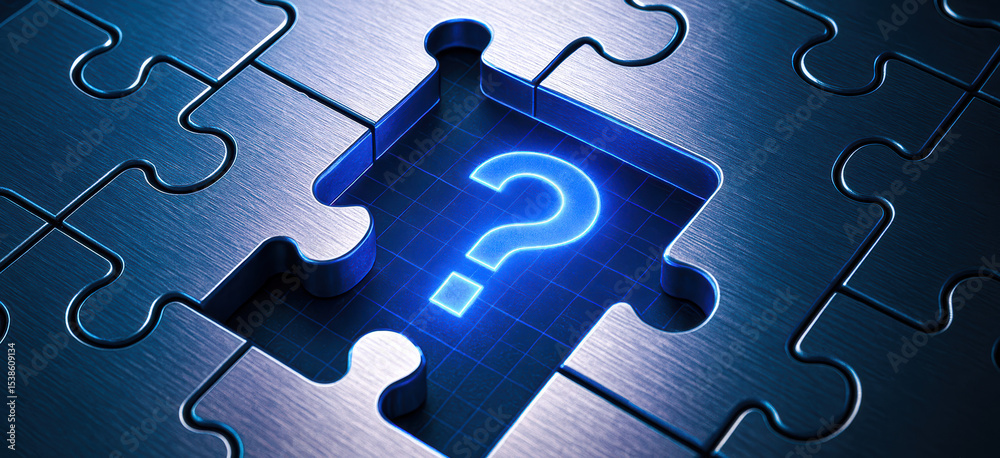 Poster a metallic puzzle with a highlighted missing piece symbolizes uncertainty and problem solving essent