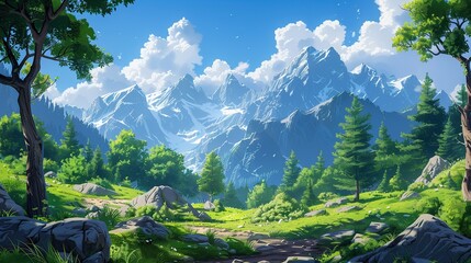 Soft pastel cartoon scenery with trees in front of majestic mountain