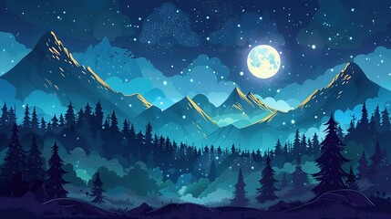 Cartoon night landscape featuring tall trees and distant glowing mountains