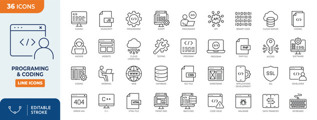Programing & coding line editable icon set. Software development icon set. Containing Code, api, programmer, developer, information technology, coder and more. Editable stroke. Vector illustration