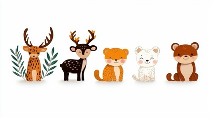 Fototapeta premium Cute animal baby and mom parents love child cartoon set isolated on white illustration. Collection of family stickers happy mother and father with cub zoo animals cuddling hugs.