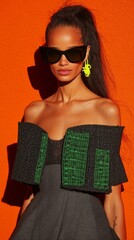 Fashionable young african woman in chic outfit with sunglasses against orange background