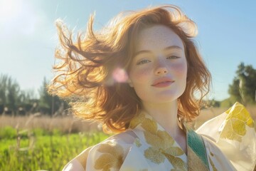 Young caucasian woman in nature with red hair and freckles enjoying sunlight