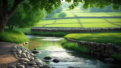 Discover a charming river flowing beneath an old makeshift stone footbridge in the Lake District. An idyllic location showcasing rustic charm and peacefulness.