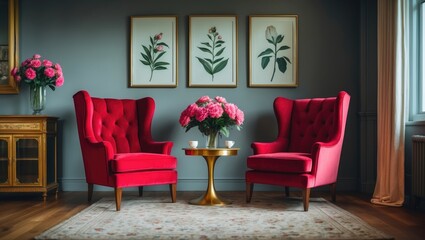 Elegant psychologist's office interior featuring two red armchairs facing each other across a golden table with flowers and vintage cabinet. Real photo