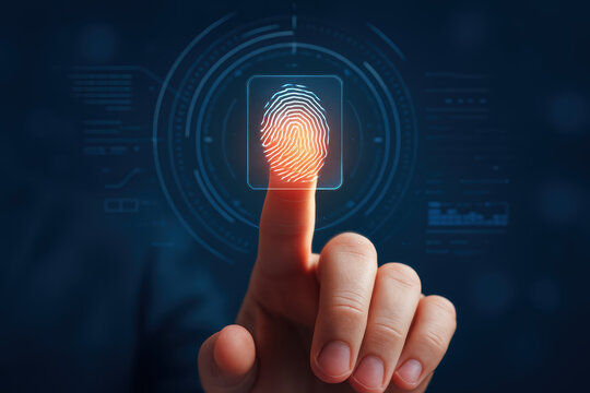Innovation in security advances as a glowing biometric fingerprint scan enhances digital access control visually