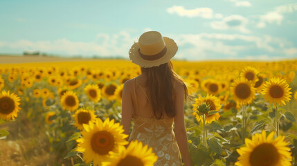 Unrecognizable woman with open arms in sunflowers field. Yellow colors, warm toning. Free girl in straw hat and retro dress. Vintage timeless fashion, amazing adventure, countryside, rural scene