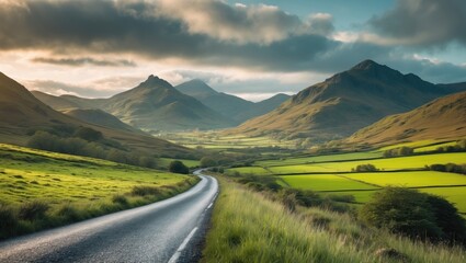 Glen Etive (James Bond Skyfall Road) in Glencoe, Scotland, within the Scottish Highlands â€” viewed through a car wing mirror.