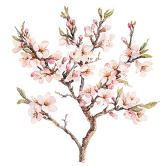 Fototapeta premium Almond Tree Spring Bloom, watercolor painting vector, isolated on a white background.
