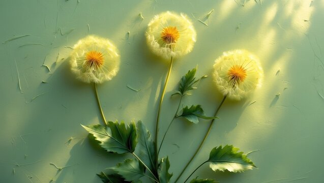 Fresh, yellow dandelions with leaf on pastel green desk. Minimalism. Bright colors. Mockup for special offers as advertising or other ideas. Empty space for inspirational, motivational text or quote.