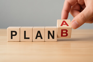 Strategic decision-making is highlighted as a adjusts wooden blocks symbolizing alternative plans for business development