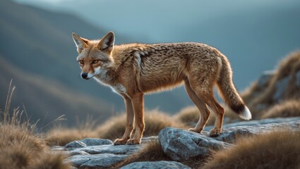 Golden jackal hunting for food. Jackal traversing the mountains. Carnivore in winter season. European wildlife. Canine predator perched on the rocks.
