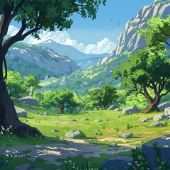 Artistic illustration of forest cartoon landscape in soft light setting