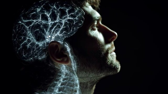 Medical visualization of a man's brain activity during a deja vu experience, showing glowing neural pathways in the temporal lobe, suggesting heightened activity and memory processing