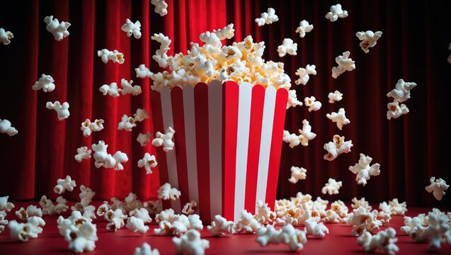 Cinema style popcorn in a classic box with pieces spilling out in a comedic manner. The vignette effect is naturally produced by the lighting. Space is available at the bottom for the designer. - Powered by Adobe