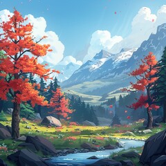 Serene cartoon park forest with mountain view and warm natural glow