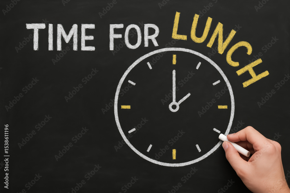 Poster a chalkboard with a clock and text signals the scheduled break time highlighting productivity and ti