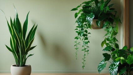 Decorative plants sansevieria trifasciata in a mirror pot and dracaena scented on a white table in the interior, snake plant, striped leaves. Interior elements. The concept of decor
