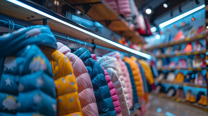 View sections of children's beautiful clothes in the store with bright lights. Shelves with goods.