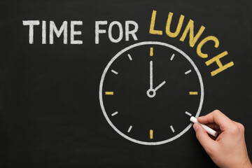 A chalkboard with a clock and text signals the scheduled break time highlighting productivity and time management
