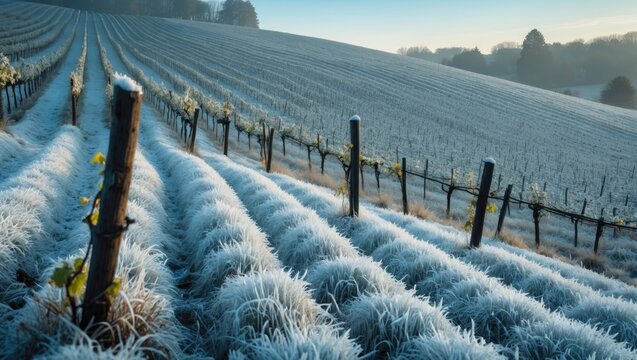 Frost-covered bare vineyard hill on a chilly morning, with the crisp air and soft light emphasizing the serene beauty of the winter landscape.