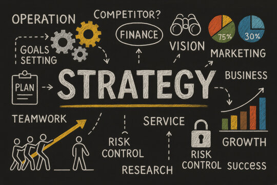 A chalkboard visually represents strategic planning highlighting teamwork growth and risk control to drive business success and marketing vision