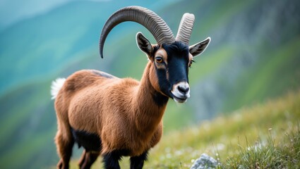 Obraz premium A beautiful portrait of a hairy horned Carpathian mountain goat, a wild species of goat from the Alps called Chamois or Rupicapra rupicapra, in its natural alpine habitat. Wildlife.