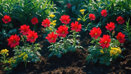 Close-up of vibrant red flowers with lush green leaves growing in a sunny garden. The bright petals contrast beautifully with the rich brown soil, capturing the essence of blooming vitality.